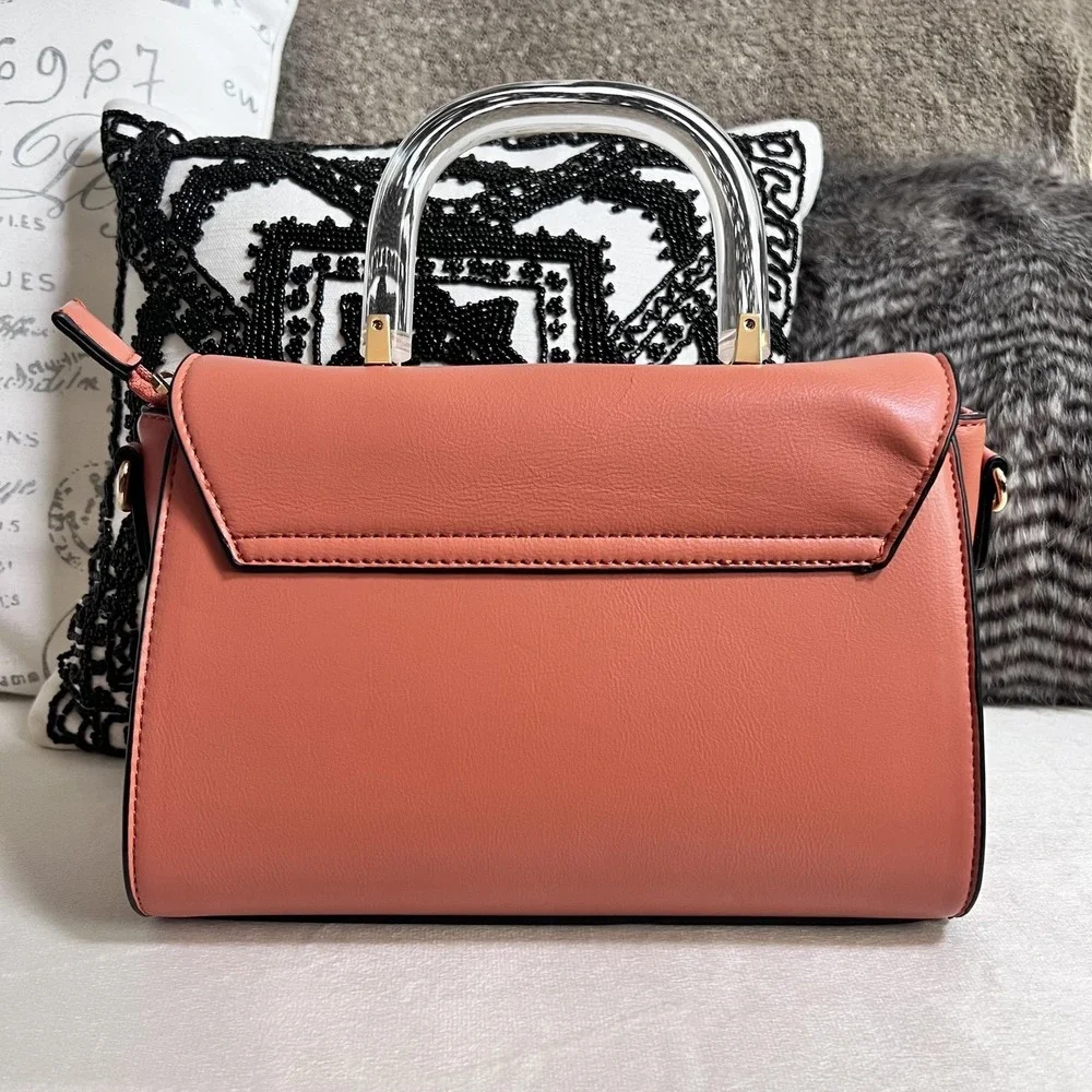 Acrylic Handle Coral Satchel Bag Structured Top‎ Handle Crossbody Purse Chic